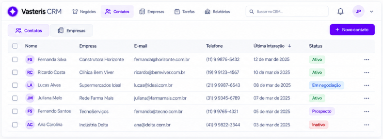 Vasteris CRM — Clientes e contatos