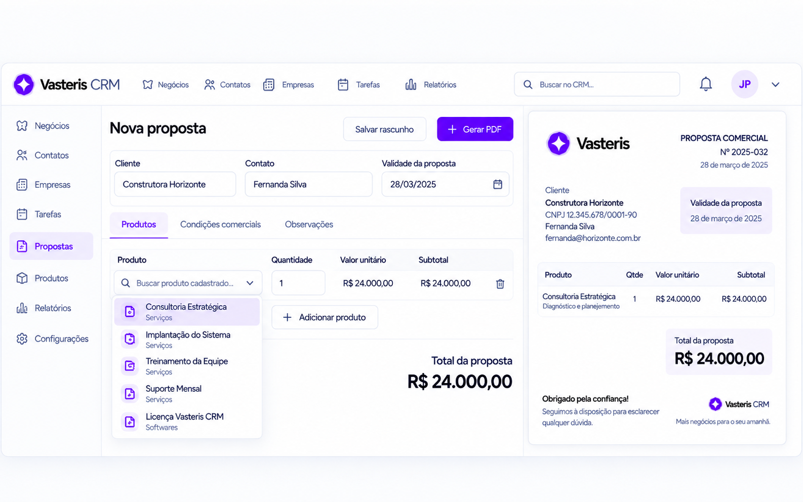 Vasteris CRM — Propostas comerciais